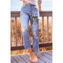 Sky Blue Easter Rabbit Leopard Print Distressed Ankle Jeans