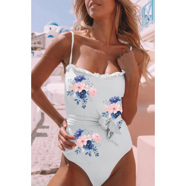 White Floral Print Frilled Belted Spaghetti Strap One-piece Swimsuit White Floral Print Frilled Belted Spaghetti Strap One-piece Swimsuit